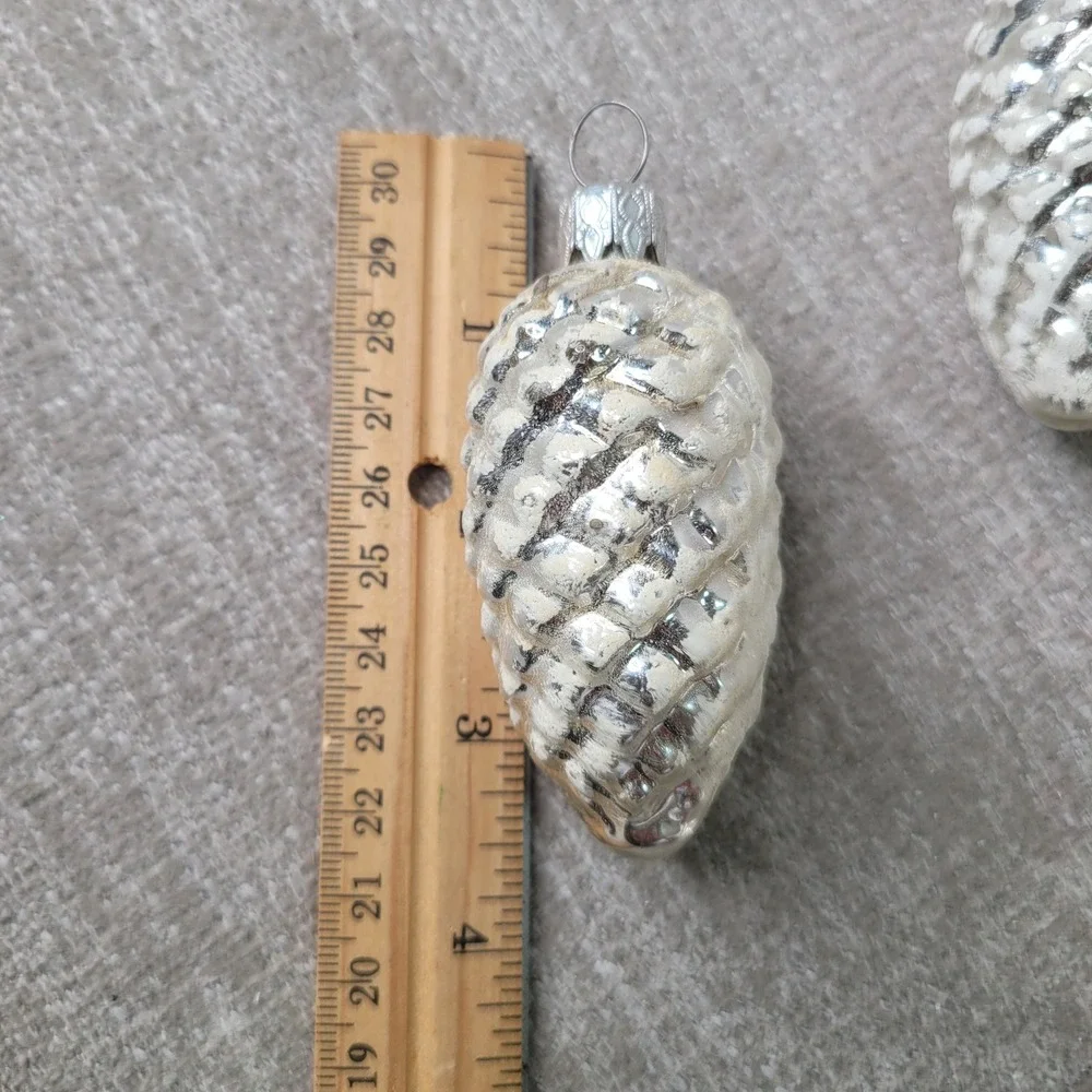 Set of 8 Vintage Mercury Glass Snowy Pinecone Christmas Ornaments Silver White